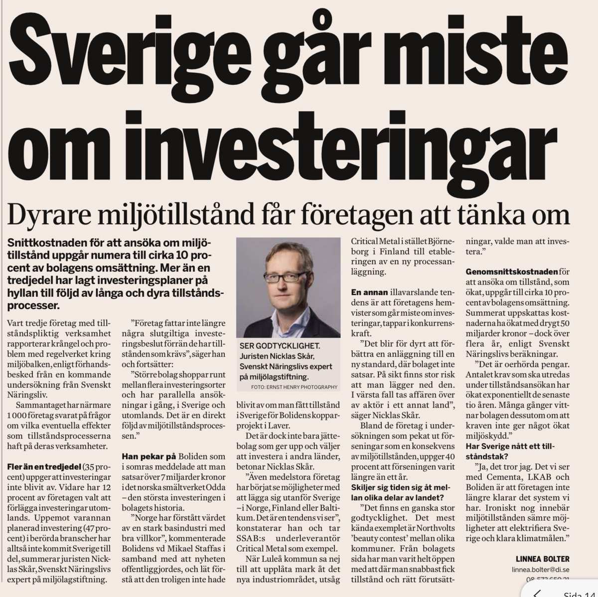 Det tar lång tid, är dyrt, hämmar tillväxten, flyttar investeringar ur Sverige och hindrar företag att skapa nya jobb. Tillståndsprocesserna i Sverige behöver ses över och tiden från ansökan till grönt ljus måste kortas avsevärt. Läs Nicklas Skår kommentarer i artikeln.