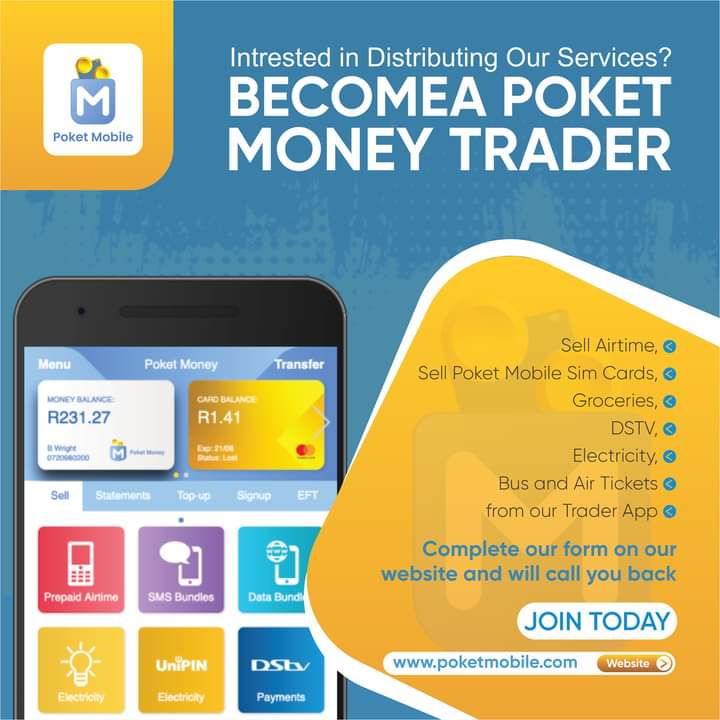 RulphGum00's tweet photo. #PoketMobile @PoketMoneySA App is here Imagine being able to book a bus or air ticket,pay your DSTV,buy electricity,airtime,data bundles and pay for grocery vouchers in the comfort of your home using your mobile phone Download the app or visit our website https://t.co/MiibatTCFE https://t.co/pQfLdwKoOz