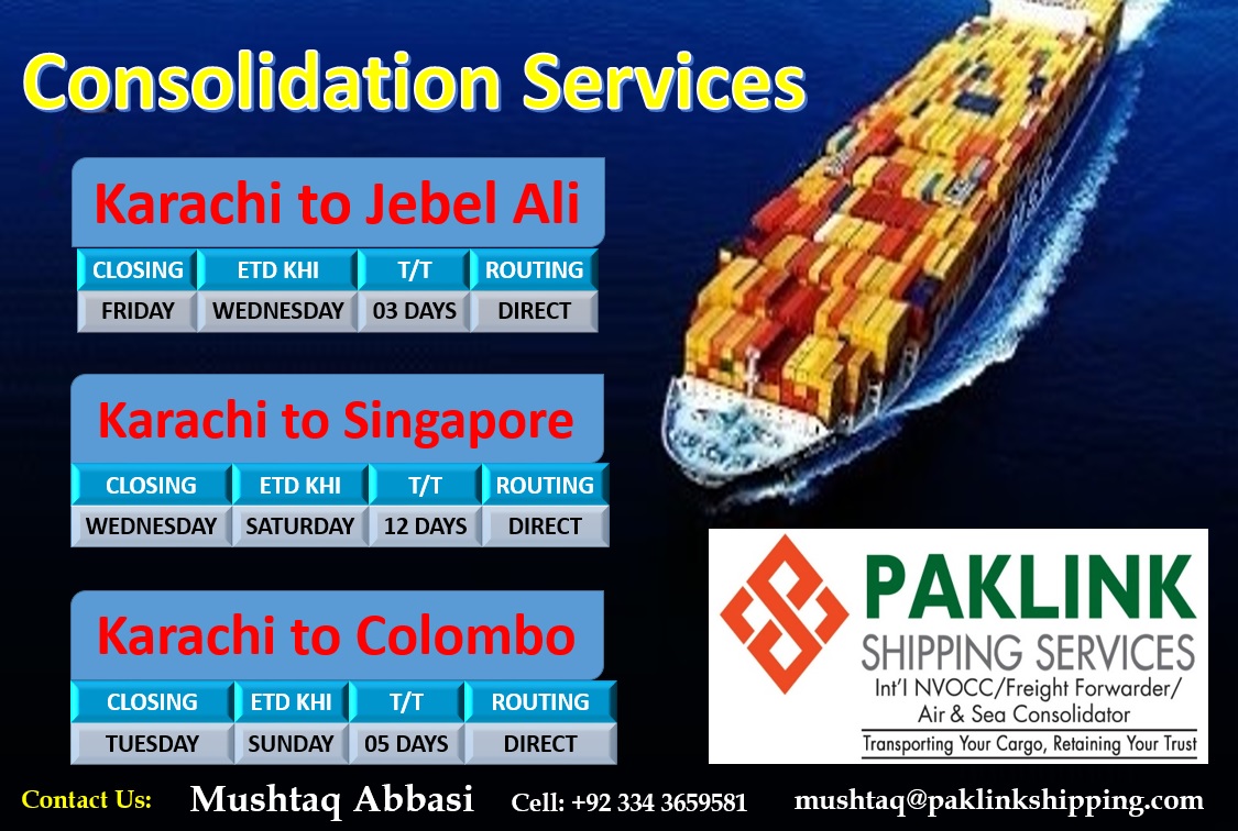 PaklinkShippin's tweet photo. We have sailing every week for our consoles.
• Karachi to Singapore
• Karachi to Colombo
• Karachi to Jebel Ali
We offer fastest transit time and most competitive rates. Book your freight now.
#shipping #logistics #freightforwarding #airfreight #seafreight #consolidation https://t.co/OThhVLVEZM