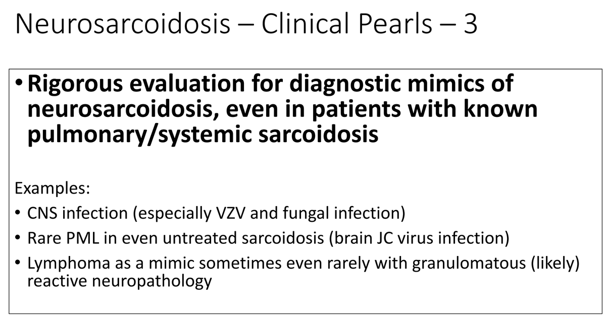#ACR21 #ACR2021 
Extra pulmonary sarcoidosis ➡️ Neurosarcoidosis 
👉🏻 Lesions spread locally and to meninges/ relapses at site of previous lesions 
👉🏻 resolution of mRI lesion indicator of response