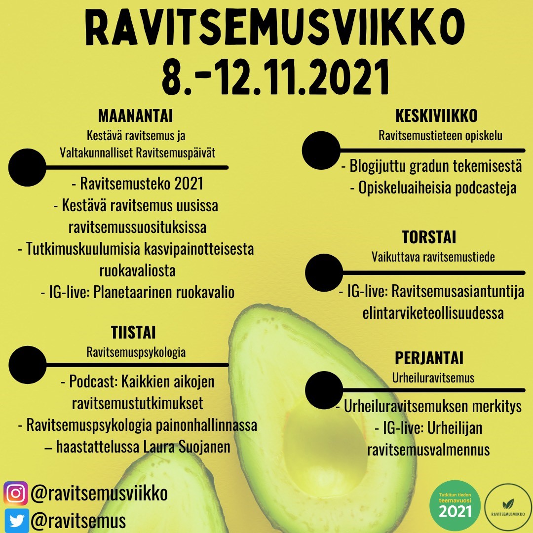 ravitsemus's tweet photo. Järjestyksessään 2. ravitsemusviikko on tänä vuonna osa tutkitun tiedon teemavuotta @tttv2021. Alla pähkinänkuoressa monipuolinen online-ohjelma. Tarkempaa tietoaa ohjelmasta päivittäin tällä tilillä. https://t.co/60QQwG0yCh