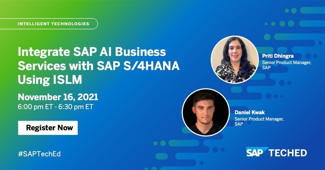 DhingraPriti's tweet photo. Your next automation innovation is waiting in this #SAPTechEd @saplabsindia spotlight session! Join me to learn about integration options for SAP AI services and SAP S/4HANA. https://t.co/PuYgm4jz6d https://t.co/XrZ1F3orVc