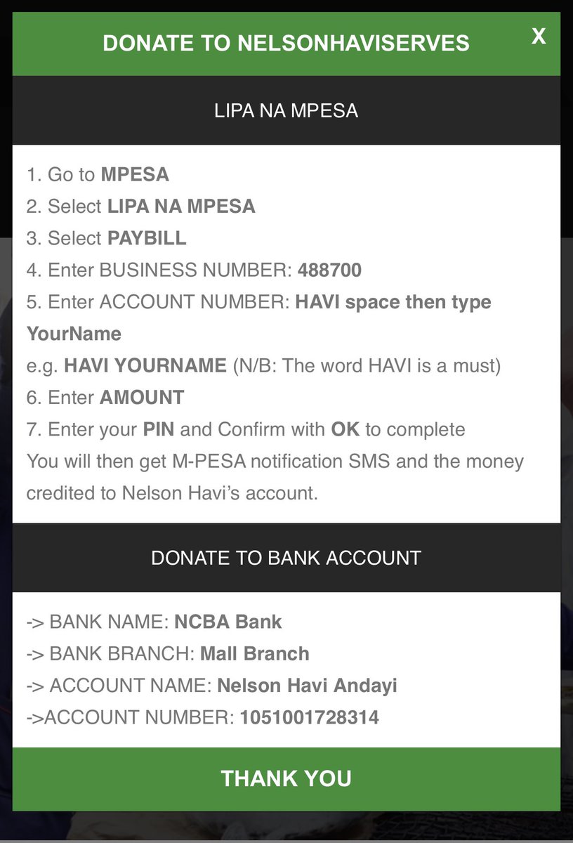 Below are the PayBill and Bank details to enable you contribute towards NELSONHAVISERVES.^NH