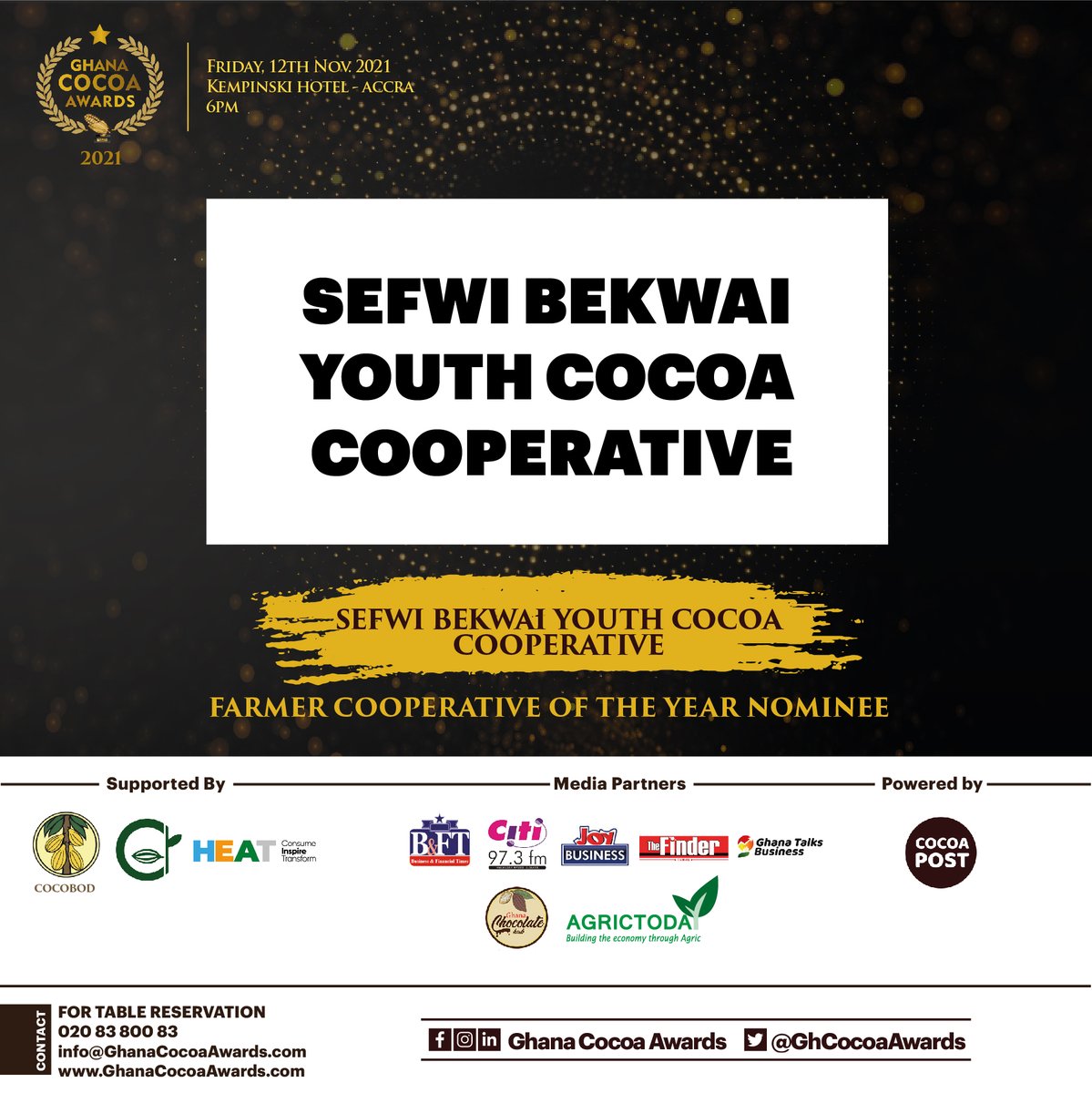 GhCocoaDinner's tweet photo. The 2021 nominees for Farmer Cooperative of the Year are... 2/2

#GCA2021  #GhanaCocoaAwards https://t.co/kl18kT4LFX