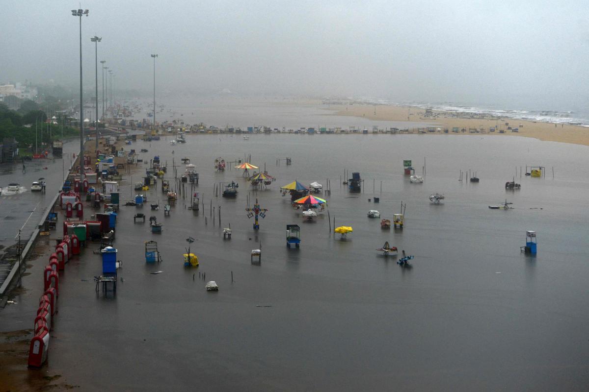 A general view of flooded Marina beach is pictured during a rain shower in Chennai on Nov 7. AFP Photo
