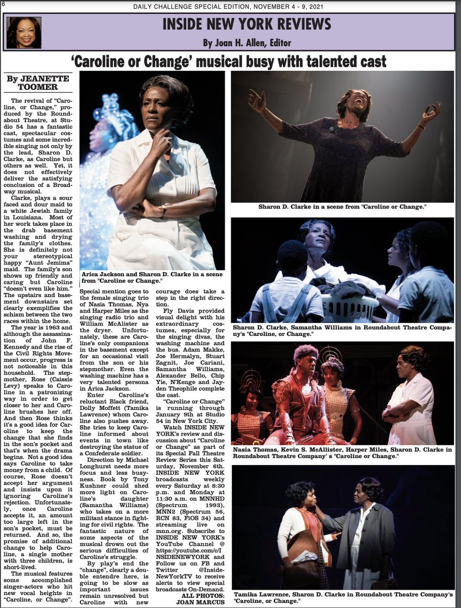 Mon. 11:30am.  Did you see #CarolineorChange? Watch @Insidenewyorktv's review of #CarolineorChange, #ThoughtsofAColoredMan and #LackawannaBlues which is closing Nov. 12th!  In case you missed this week's theatre review in the Daily Challenge, here's a courtesy copy.