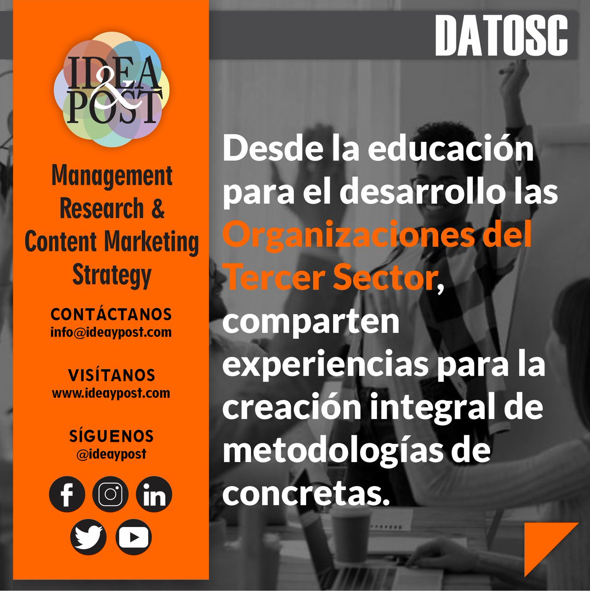 ideaypost's tweet image. Para las organizaciones del tercer sector es importante intercambiar experiencia, para la creación de estrategias integrales.

Síguenos en @ideaypost o visita nuestro #blog en ideaypost.com y conoce más #datosc sobre el Tercer Sector.

#ideaypost #tercersector #ong #osc