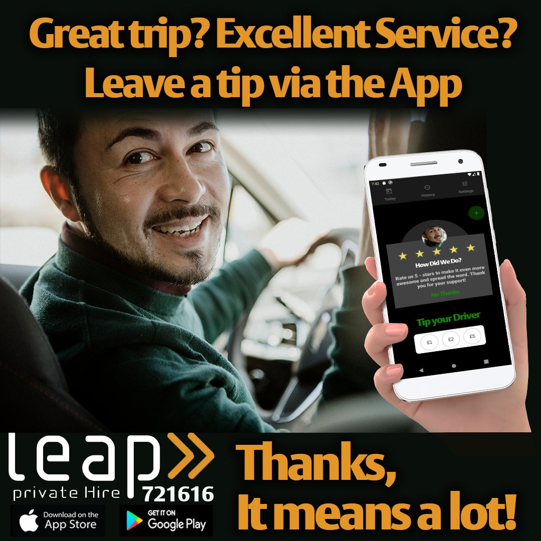 Leap_Taxis's tweet photo. Great trip? Excellent service? Did you know you can tip your driver when you use the app?
https://t.co/fdjdtaQWvP
01274 721616
-
-
-
-
#leap #taxis #taxisbradford #leaptaxis #app #thinktravelthinktaxi #privatehire #bradforduni #students #googleplaystore #appstore https://t.co/tZU844Ya01