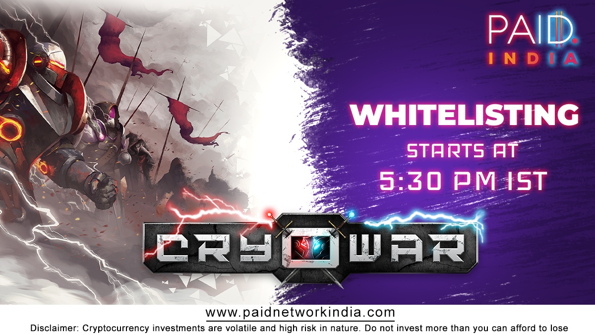 Take the advantage and join the Whitelisting on first come first serve basis as it will be closed once filled completely. 📌
<a href="/CryowarDevs/">Cryowar</a> 

#PaidIndia #IDOLaunchpad #GetPAID #IDO #whitelist #fcfs #Cryowar #Solana #NFTGame #BlockchainGame