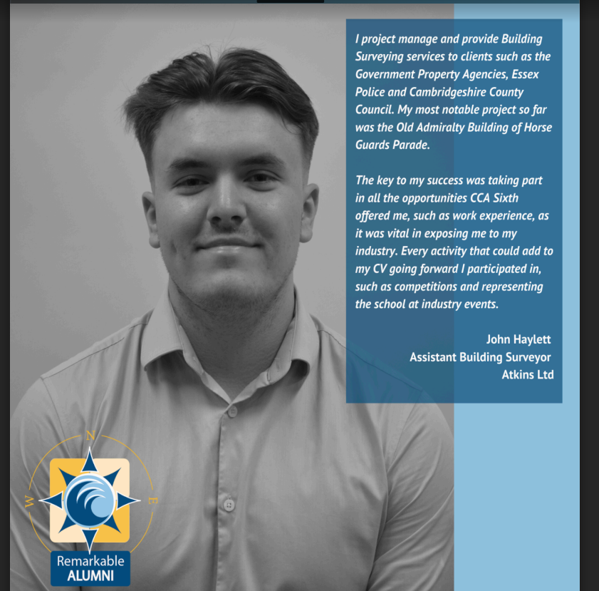 Alumni of the month
John Haylett🎓
John studied History, Design Engineer and Construct, Media Studies and Maths at <a href="/CCASixth/">CCA Sixth</a> 
He is now employed at @atkinsglobal and enjoys the variety within the role at the company.
Another students who has even meet the Queen! 👑
