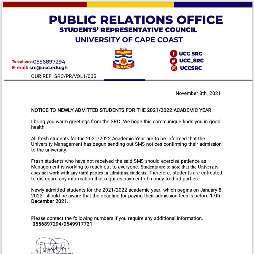 NOTICE TO NEWLY ADMITTED STUDENTS FOR THE 2021/2022 ACADEMIC YEAR

We hope this communiquè finds you in good health. All fresh students for the 2021/2022 academic year should kindly follow the directives. #Paymentofadmission fees