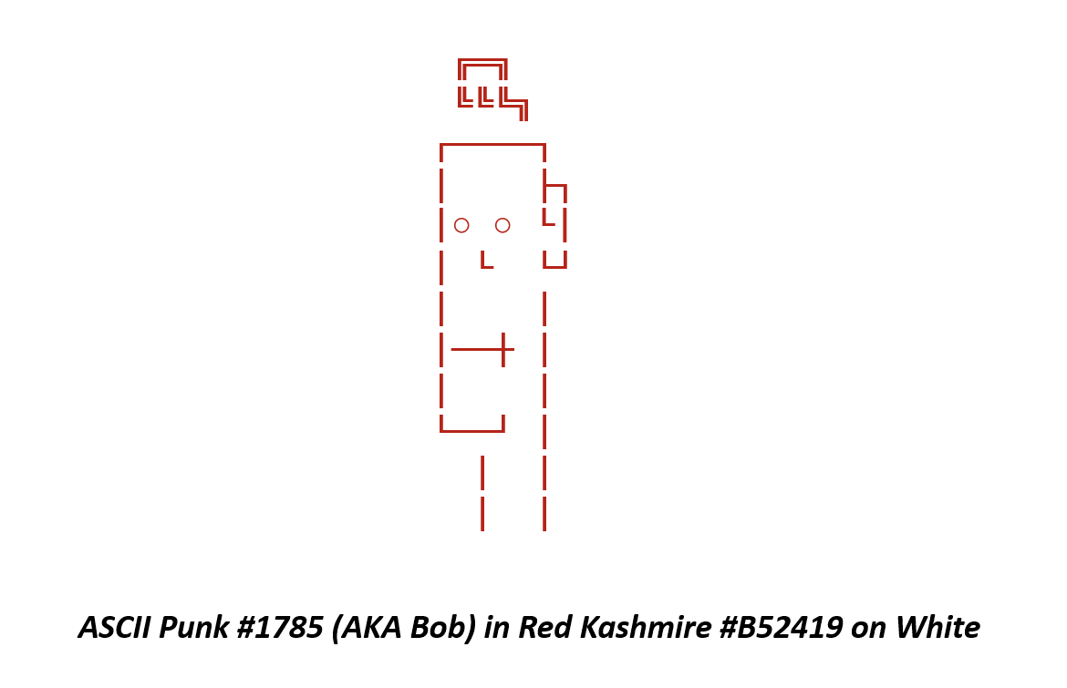 gero_presser's tweet image. Ladies and gentlemen, let me introduce to you: this is Bob. Defined by ASCII Punk #1785 (from @ASCIIPunksNFT) in Red Kashmire #B52419 (from @bit_colors) on White.
#bitcolor #asciiart #nft #compose 
Wonderful how you can easily #compse those two NFTs