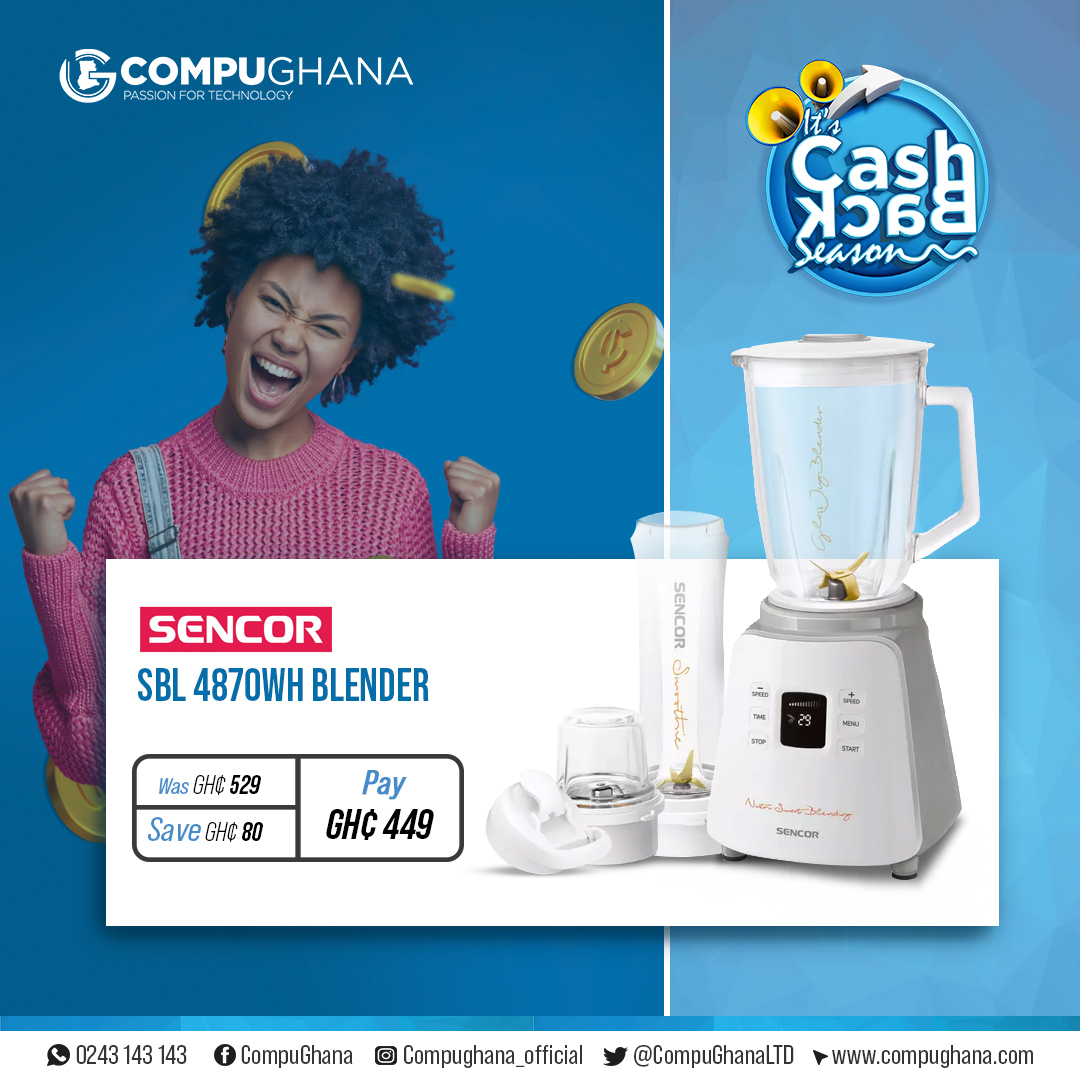 CompuGhanaLTD's tweet photo. ➡️Shop online today at: https://t.co/LWRygujvec
➡️Download our App today &amp; turn on notifications for exclusive offers and gifts https://t.co/REhSFxcuOr 
Contact us on:
WhatsApp 0243 143 143 or 
Call 030 707 0701
#Cashback #CashbackOffer  #CompuGhana  #sencor  #smart #blender https://t.co/crwJAGtGn0