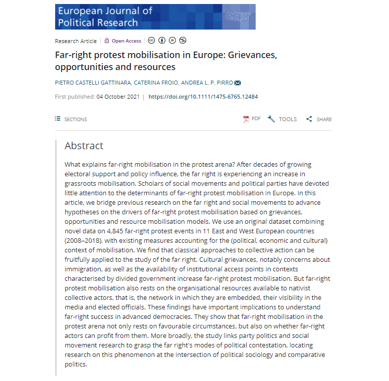PietroCastelliG's tweet photo. What explains far-right protest mobilization in Europe?
The first #OpenAccess article by the #FARPE project dream team with @CaterinaFroio @AndreaPirro is now out in @EJPRjournal https://t.co/13jbJpzjuA a🧵1/9 https://t.co/z1iQsBVfri