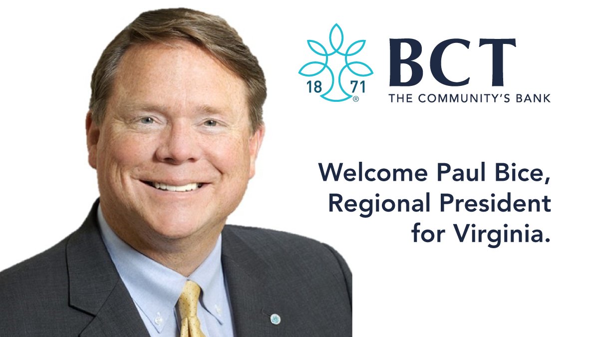Potomac_Bank's tweet photo. We are pleased to announce Paul Bice has joined BCT and will serve as Regional President of Virginia. Paul's office will be in Leesburg. Please welcome Paul. #BCTteam #myBCT https://t.co/mRiVCHEuAy