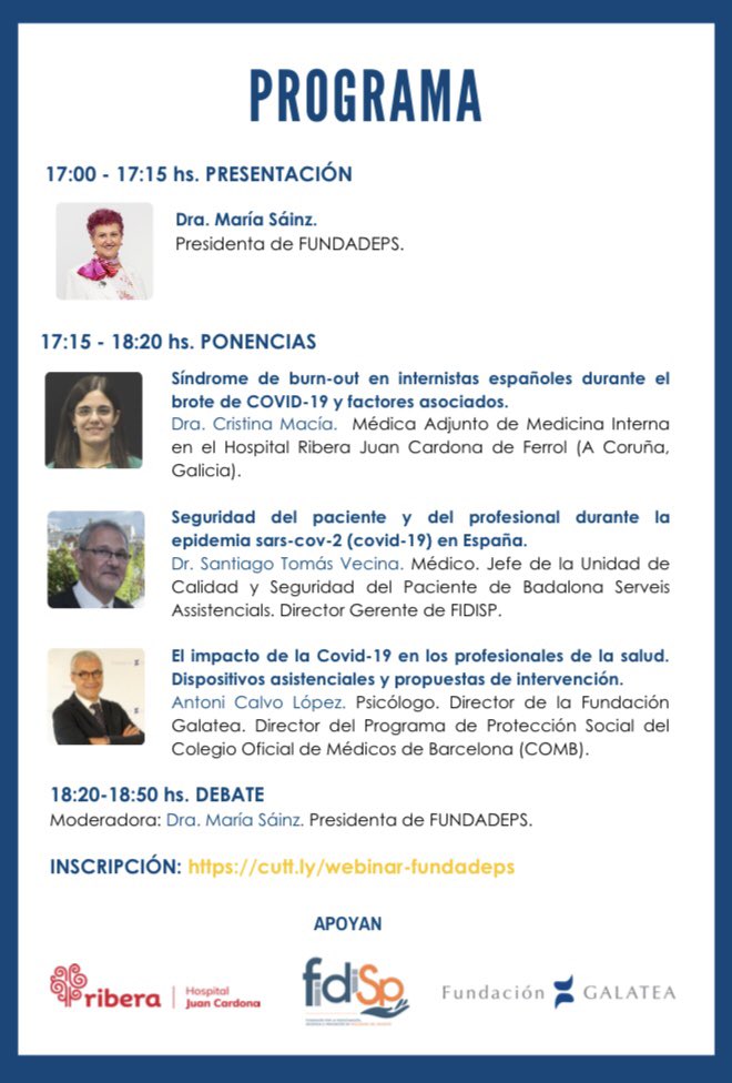 marcegracial's tweet photo. Impacto de la Covid en la salud de las/os profesionales sanitarias/os. ¿Cómo ha afectado la pandemia a quienes cuidan? Organiza @FUNDADEPS participan  @SemiFormacion @fundacionfidisp @FundacioGalatea  https://t.co/nvuJ1o0o6J https://t.co/uChiZKK02H