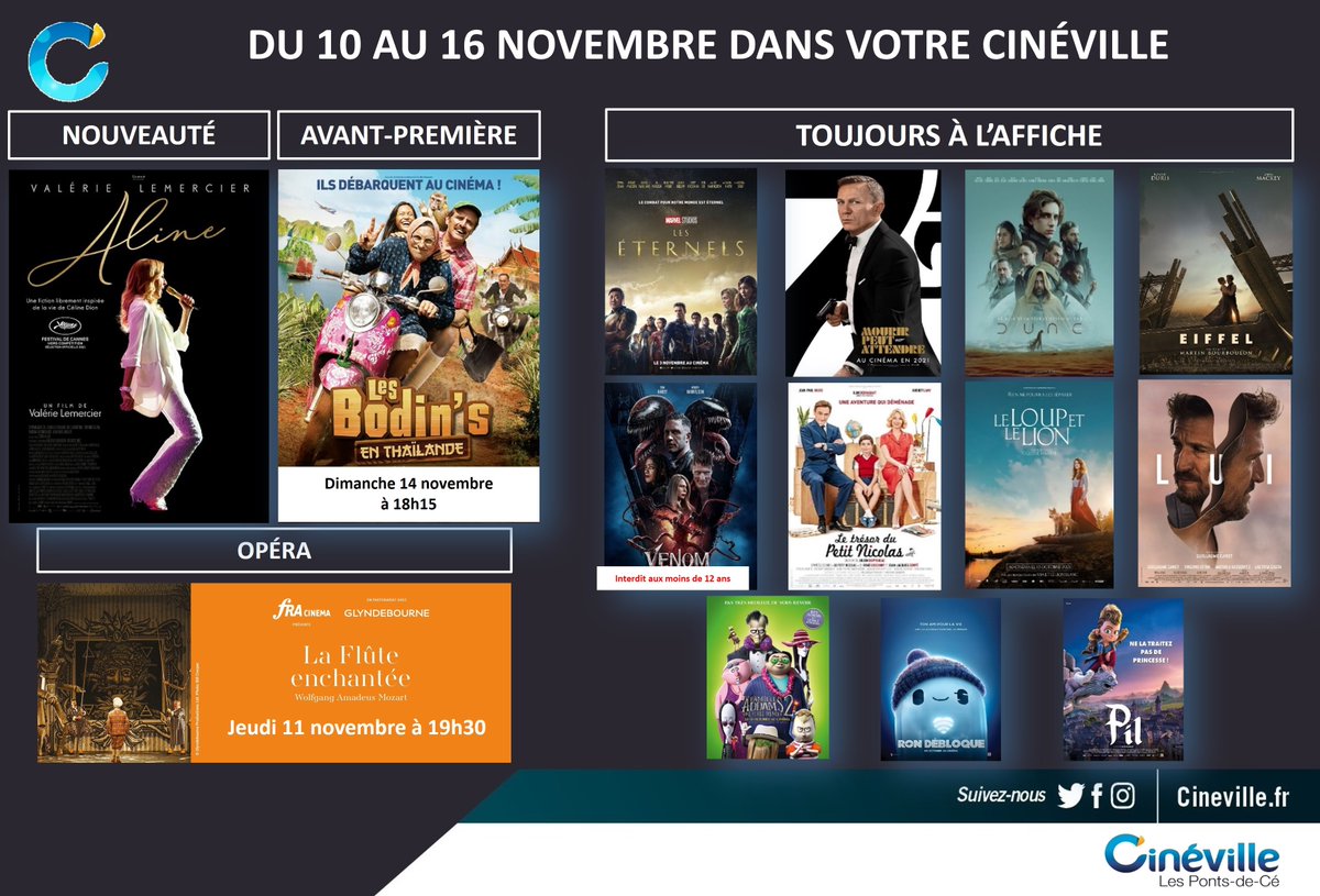 ⭕ Sorties ciné du mercredi 10 novembre :

➡️ ALINE
➡️ LES BODIN'S EN THAILANDE (Avant-première, dimanche 14/11 à  18h15)
➡️ LA FLUTE ENCHANTEE (Opéra au cinéma, jeudi 11/11 à 19h30)

⭕ Retrouvez tous les horaires sur les-ponts-de-ce.cineville.fr

#Cineville #LesPontsDeCe #Angers