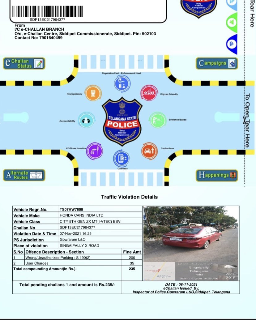 narikivar's tweet photo. @CYBTRAFFIC @cyberabadpolice Sir, I admire your YouTube videos and the way you are spreading awareness amongst common people on traffic rules. But to my surprise, I was fined for parking to the left marker of the road on Siddipet-Hyderabad highway. Is this the way to collect fine https://t.co/DyHkVpVz0j