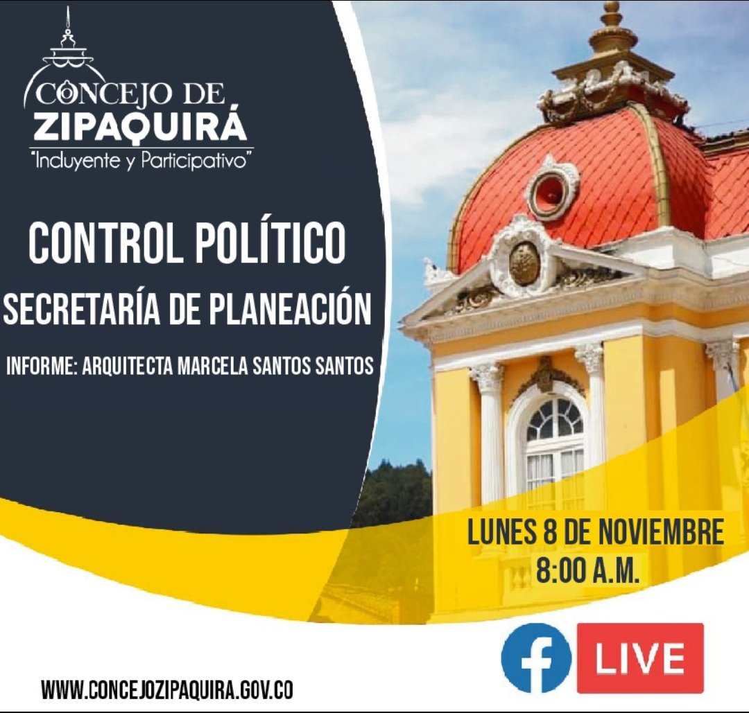 #ControlPolítico🧐

El concejal, Felipe Durán Carrón, citó a sesión de Control Político a la Secretaría de Planeación de #Zipaquirá, para aclarar dudas y preocupaciones respecto al Plan de Ordenamiento Territorial POT. 

Participe en el Facebook Live🔴 del #ConcejoDeZipaquirá