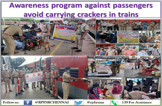 RPF/Chennai Division conducted Awareness campaign for sensitizing the passengers against carrying crackers/ inflammable articles in trains/Railway station. 
<a href="/DrmChennai/">DRM Chennai</a> <a href="/RPF_INDIA/">RPF INDIA</a> <a href="/SENTHILIRPFS081/">SENTHIL@IRPFS08</a> <a href="/AshwiniVaishnaw/">Ashwini Vaishnaw</a> <a href="/GMSRailway/">Southern Railway</a> <a href="/rpfsrly/">RPF SR</a>