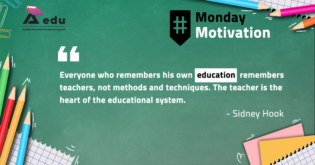 AeduSystem's tweet photo. Everyone who remembers his own #education remembers teachers, not methods and techniques. The teacher is the heart of the #educational system. – Sidney Hook

#quoteoftheday #motivation #PositiveVibes #educationquotes #MondayMotivation #mondaythoughts #Mondayvibes #AEDU #Monday https://t.co/Cy0sMSZpPB
