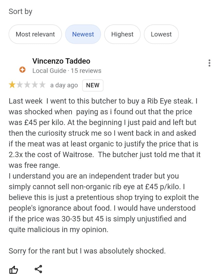 A review from Vincenzo. My response. Needless to say it got to me! But if I am 2.3x more pretentious than Waitrose then so be it! 🤷🏻‍♂️