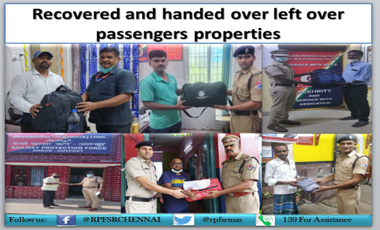 RPF staff of Chennai division, retrieved left over passenger belongings including 03 Laptops, 07 mobile phones, Luggage bags and valuable documents, valued about Rs 1,97,000/- &amp; handed over to the respective passengers.
<a href="/DrmChennai/">DRM Chennai</a> <a href="/rpfsrly/">RPF SR</a> <a href="/RPF_INDIA/">RPF INDIA</a> <a href="/SENTHILIRPFS081/">SENTHIL@IRPFS08</a> <a href="/GMSRailway/">Southern Railway</a>