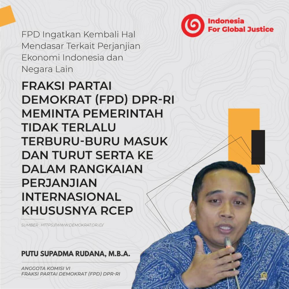 IGJ2012's tweet photo. PERJANJIAN INTERNASIONAL MELANGGAR HAK RAKYAT

Fraksi partai demokrat dan IGJ pada 3 November 2021, mendiskusikan terkait kerjasama ratifikasi RCEP

RCEP dianggap melanggar konstitusi dan kurang memperhatikan perlindungan akan rakyat dan negara.

https://t.co/afWy4zplgs

#NoRCEP https://t.co/2obbyH9yxm