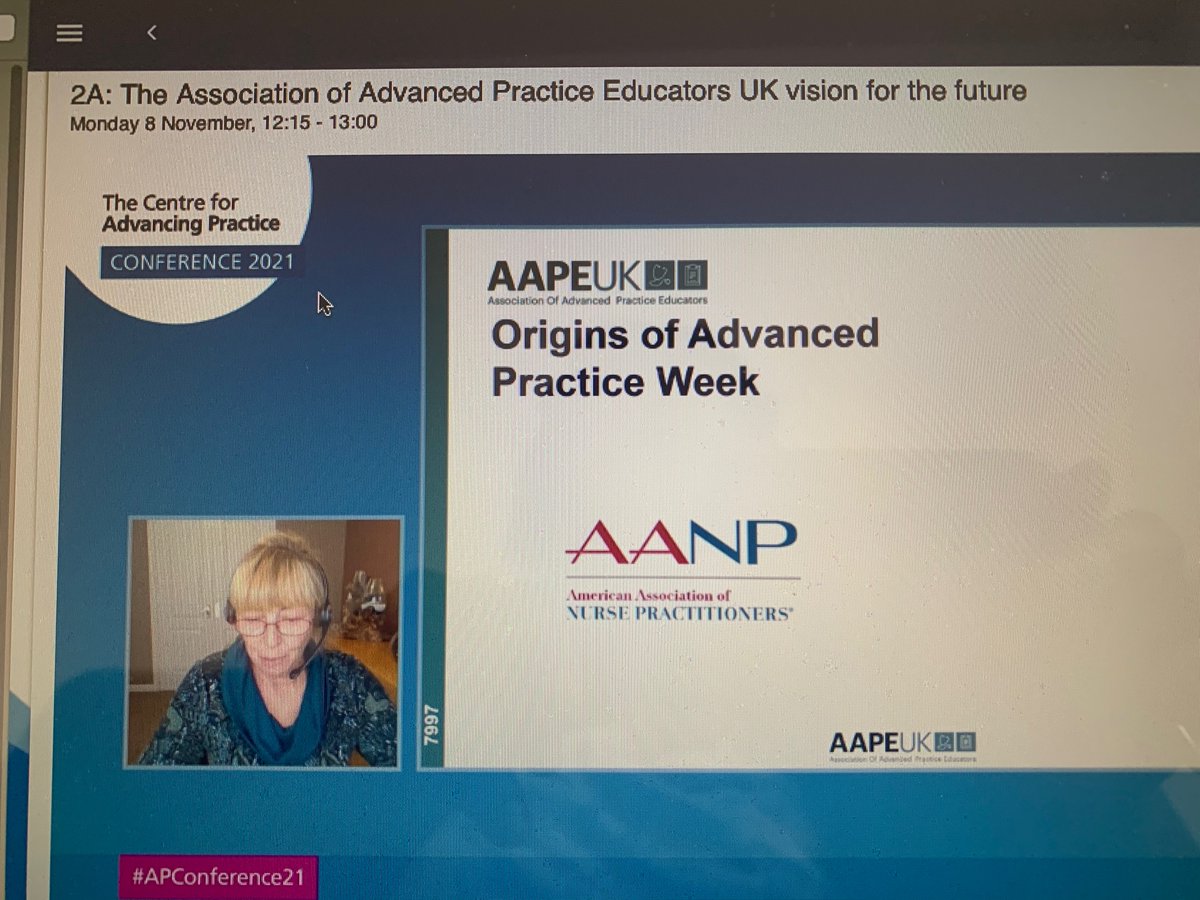 Origins of #AdvPracWeek21 in the UK - @AAPEUK Chair @thehaighs & founding member @KatrinaMaclaine acknowledging shared learning from @AANP_NEWS @NONPF our “cousins across the pond” #APConference2021 @PresidentAANP 
@coletteh16 @annaj41 @BellaThakglos