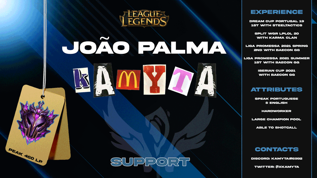 After a year with Baecon GG, I am officially LFT and looking for a new home for 2022.

Lolpros:
lolpros.gg/player/kamyta

References:
@Gaio_lol
@davidfrmoura 
@bplol_ 
 
DM's are open, contact me via Discord or Twitter.