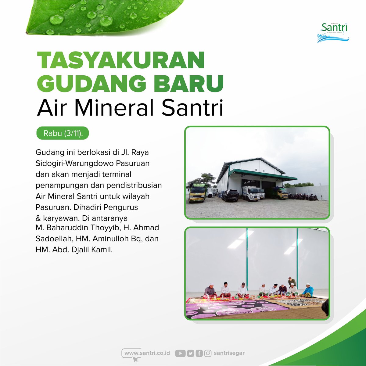 SantriSegar's tweet photo. Gudang baru untuk pusat distribusi Air Mineral Santri wilayah Pasuruan baru saja diresmikan oleh Pengurus. 

Semoga segera menyusul diresmikannya gudang-gudang lain di wilayah Indonesia. Ãmīn

#AirMineralSantri #santri https://t.co/ljhINxlWCH