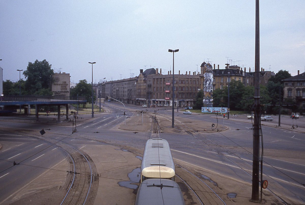 Aussicht vom Blauen Wunder, Fußgängerbrücke, Friedrich-Engels-Platz (Goerdelerring) / Pfaffendorferstr., Leipzig, Frühling 1985