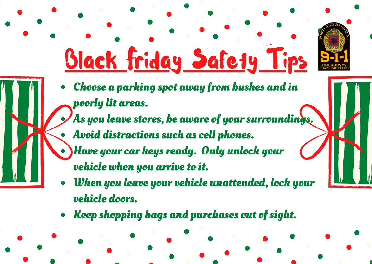 PortlandRCCME's tweet photo. Tomorrow is Black Friday. The day that people search for deals on the perfect holiday gifts. Before you head out for a shopping marathon, here are a few safety tips to keep you and your treasured finds safe!!!  #safetytips #BeAware 1 of 2 https://t.co/mlQQp7SUWh