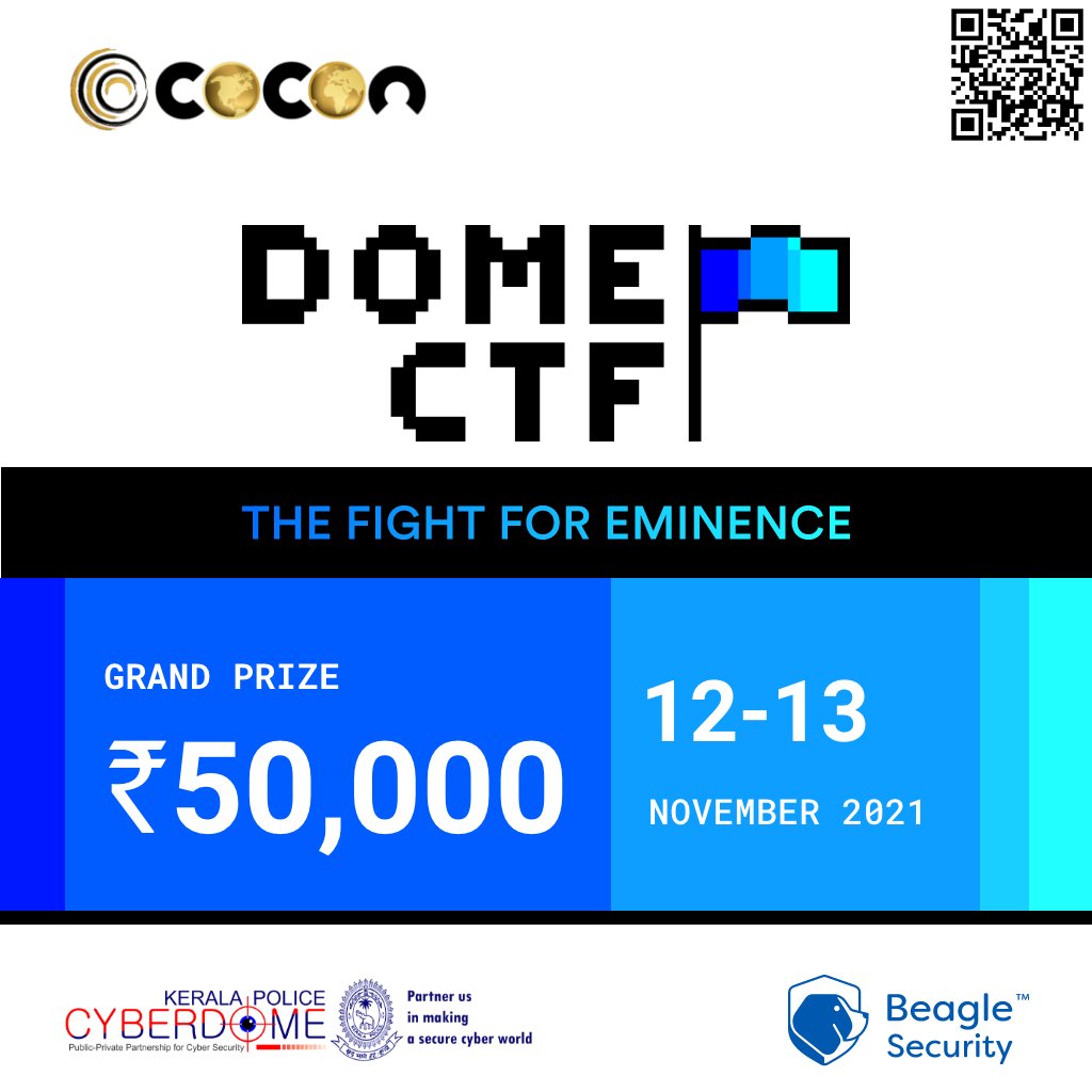 beaglesecure's tweet image. 2 days to go until registrations close for DomeCTF 2021 ⏱️
Don't forget to register your team! You could be the one walking away with the grand prize of ₹50000 🏆
(Scan the QR or register via the link in the comments)
#domectf #hackingchallenge #ethicalhacking #infosec