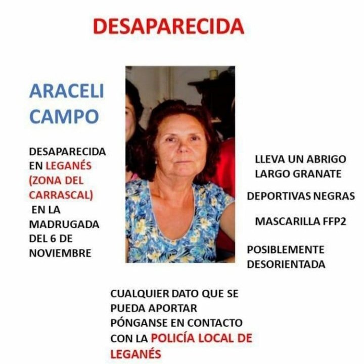 AytoLeganes's tweet photo. Nuestra vecina Araceli ha sido encontrada esta mañana en buen estado. La colaboración ciudadana ha sido fundamental. Una vecina la reconoció en #Leganés Norte y avisó al @112cmadrid.
Agentes de Policía Local #Leganés y @policia acudieron de inmediato para trasladarla al hospital. https://t.co/yGm9IT6sqR