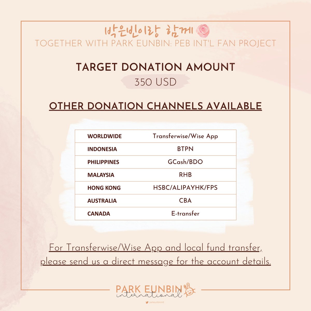 parkeunbinintl's tweet photo. ❣️ Friendly reminder to all international Bingo! The fund raising for Park Eunbin International's first fan project is currently ongoing.

Want to donate? Check out the available donation channels in the photo below! ⬇️

#박은빈 #ParkEunbin #朴恩斌 #연모 #TheKingsAffection https://t.co/lW1aVfITuN