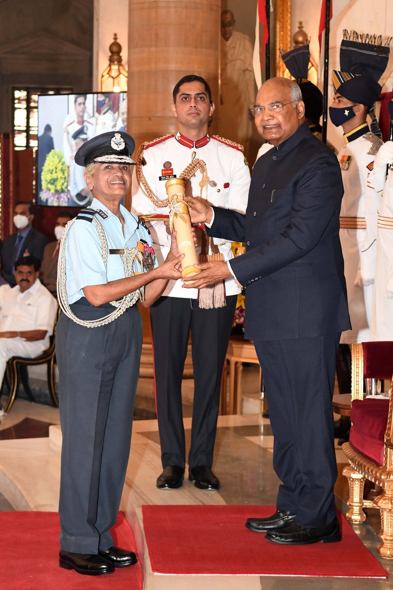 rashtrapatibhvn's tweet photo. President Kovind Padma Shri to Air Marshal Dr Padma Bandopadhyay. She is the retired Director General Medical Services (Air Force) and has served the Indian Air Force for nearly four decades. https://t.co/B5xlCya33P
