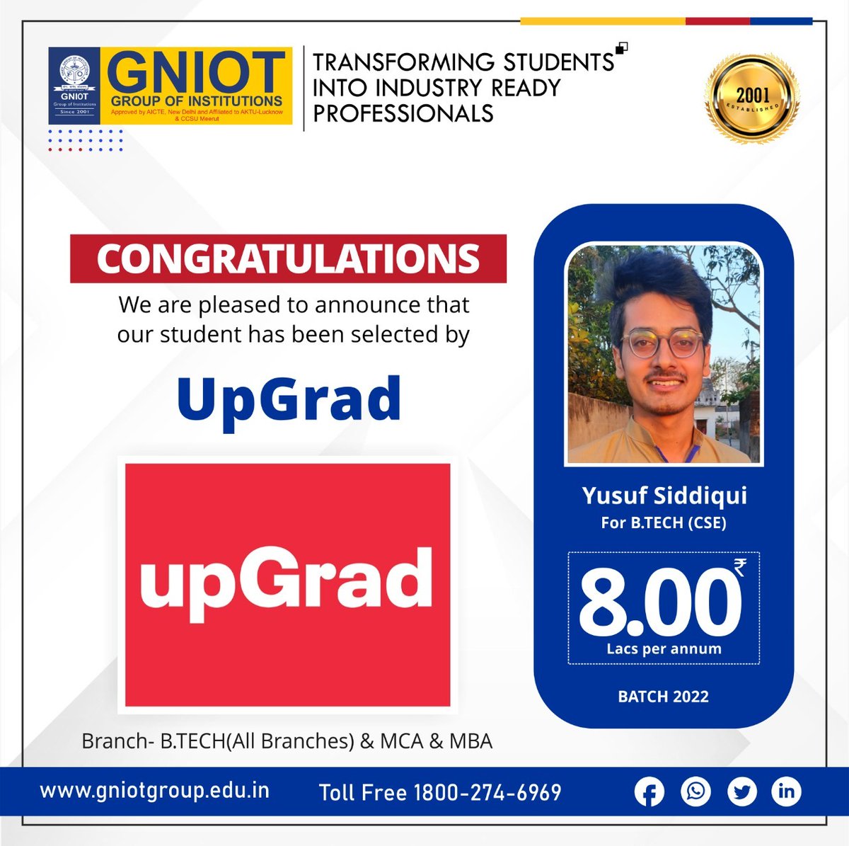 GNIOTCollege's tweet photo. We are pleased to announce that our student Mr. Yusuf Siddiqui from https://t.co/0PPmfhSzeE (CSE) has been selected by UpGrad with Salary Package of 8.00LPA #GNIOT #GNIOTCollege #RecentPlacement #Placement #CampusPlacement #GNIOTGreaterNoida #UpGrad #GreaterNoida #Institute https://t.co/pdCUS7fbBB