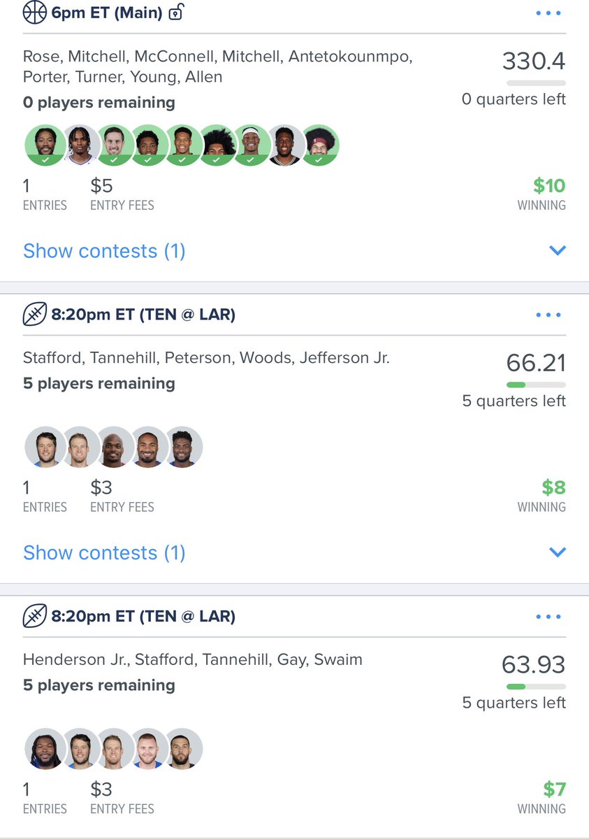 PerfectPicksDFS's tweet image. Solid Sunday of #NBA & #NFL even considering it was one of the most backwards NFL Sunday’s in recent memory. Almost all of the #DFS chalk busted & almost every big favorite ended up losing! Still stayed profitable on the day & went 4/4 on the NBA slate! DM to join us for #MNF!!