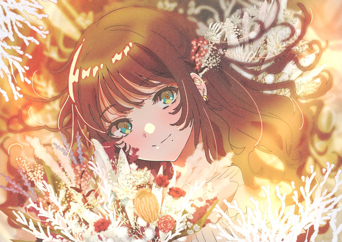 1girl solo flower brown hair smile looking at viewer mole under mouth  illustration images