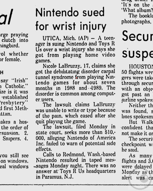 FuguEye's tweet photo. "Nintendinitis" is a really clever medical term coined in 1990 to describe repetitive strain injuries caused by video games. Maybe not coincidentally, but the first lawsuit filed for a video game causing carpel tunnel syndrome occurred a year later in August, 1991.
#vghistory 👁🗨 https://t.co/7wnDYjY9pU