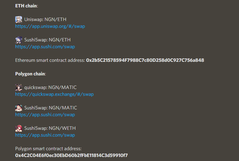 We have opened 5 liquidity pools for everyone to swap NGN tokens.
More details：
📍discord.gg/ngn
📍t.me/CryptoNijigenT…
🚨BTW, the official staff will not ask for your wallet mnemonic, please protect your assets❗️
#token #nftcollector