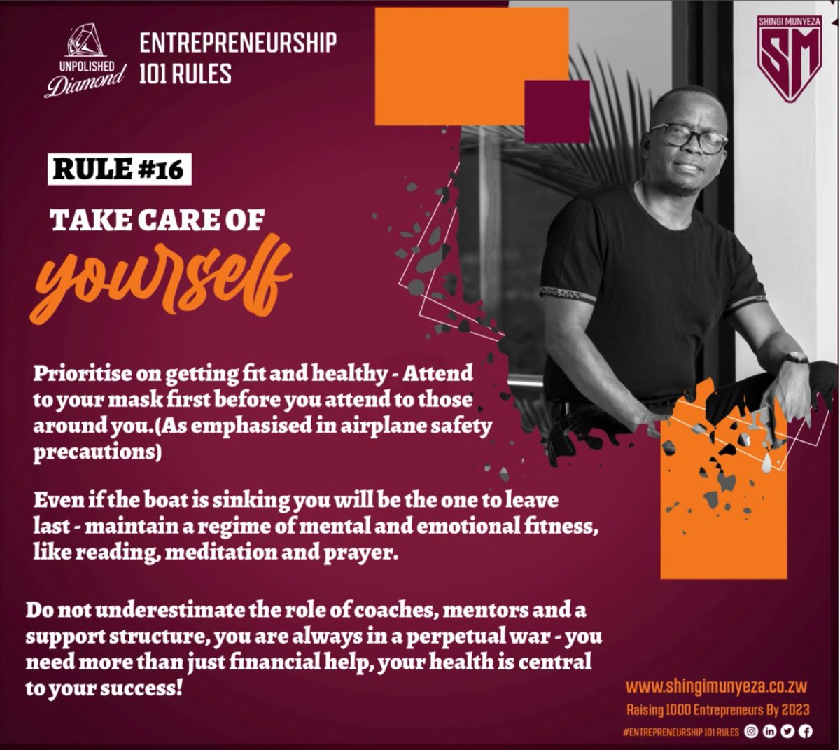 #ENTREPRENEURSHIP101RULES
 
TAKE CARE OF YOURSELF 

1. Your health is the critical part of your wealth
2. Whilst physical exercises are beneficial, always, eating well is better by far.
3. In order to enjoy your wealth you need to be healthy and fit!