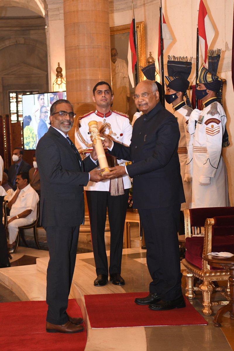 President Kovind presents Padma Shri to Prof T. Pradeep for Science and Engineering. A Professor at IIT Madras,  he is widely recognised for his pioneering work on material science and nanotechnology commercialization for affordable clean water.