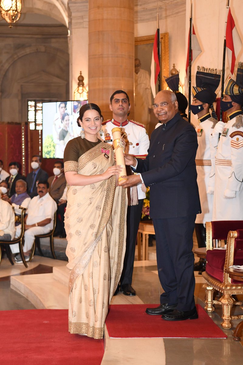 President Kovind presents Padma Shri to Ms Kangana Ranaut for Art. She is an Indian film actress and filmmaker, who is widely recognised as an actress par excellence.