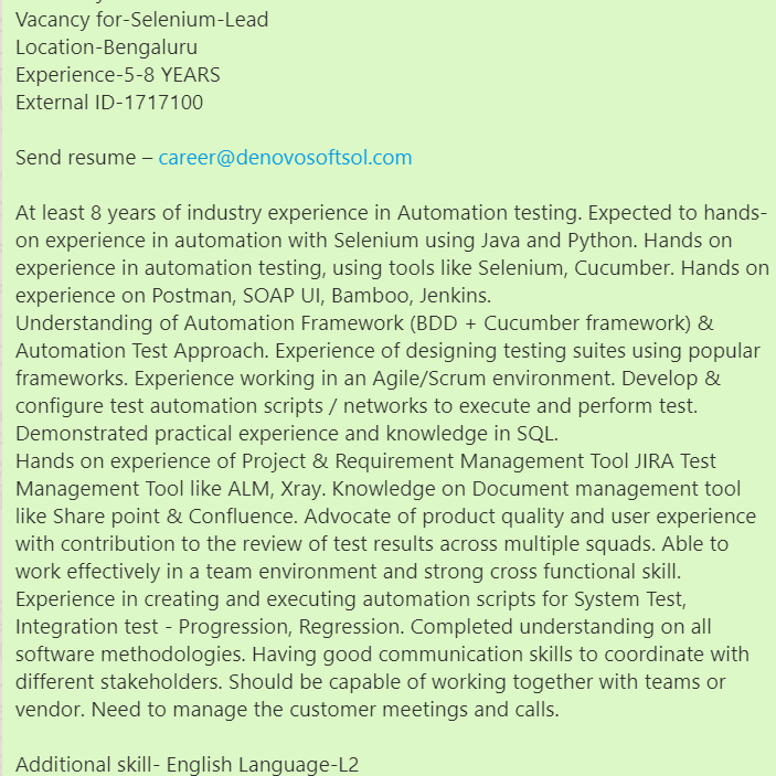 denovosoftsol's tweet photo. #denovojobs #denovo
Vacancy for-Selenium-Lead
Location-Bengaluru
Experience-5-8 YEARS
External ID-1717100

Send resume – career@denovosoftsol.com
#selenium #SOAtesting #groovyscripting #dataanalyst #developer #testengineer #seleniumjobs #dataanalyst #developer #testengineer https://t.co/6VcCc6cGgj