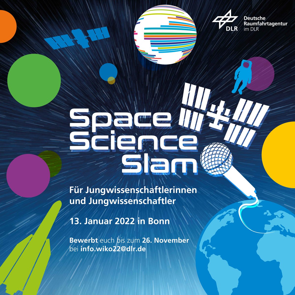 DLR_SpaceAgency's tweet image. Jungwissenschaftlerinnen und Jungwissenschaftler für den Science Slam auf unserer #Raumfahrt-Wissenschaftskonferenz 2022 gesucht! Bewerbung bis 26. November 2021. Die #WiKo22 findet am 12/13. Januar 2022 in Bonn statt. Details: wiko22.welcome-manager.de/front/content.… #scicomm #science