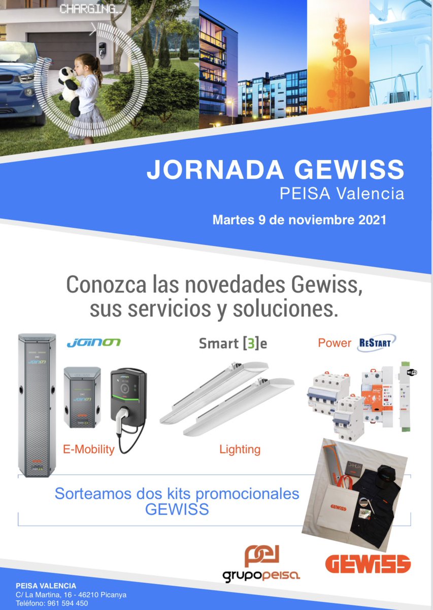 #BuenosDias 
Os invitamos al #DíadeMostrador organizado mañana 9/11 en <a href="/grupo_peisa/">Grupo Peisa</a> #Valencia, donde podréis conocer en primicia todas las novedades de <a href="/GEWISS_Iberica/">GEWISS Ibérica</a> 
¡Además habrá sorteos entre los asistentes! 
No os lo perdáis! 
➕Info: bit.ly/2YpqbZc
#siemprecontigo