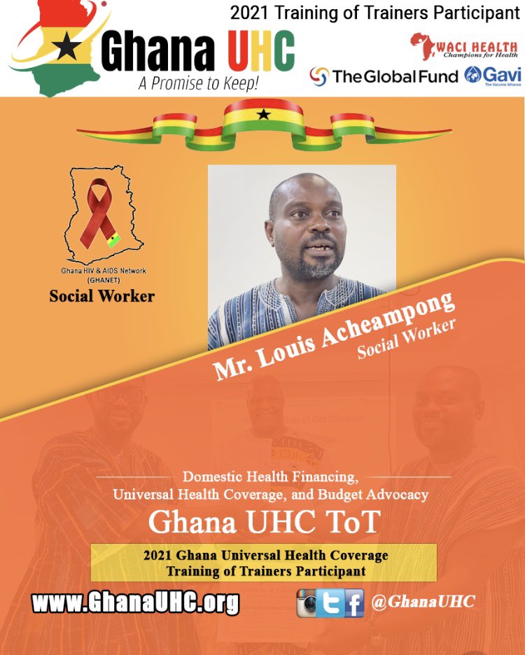 UHCGhana's tweet photo. Let’s meet another one of Ghana’s 2021 Champions of Universal Health Coverage - Mr. Louis Acheampong, National Treasurer - Ghana HIV/AIDS Network.

@UHC2030 @mohgovgh @NHIS_Ghana @hbcinconline @ghanaphm @WACI_Tweets https://t.co/oSjt5cuOiv