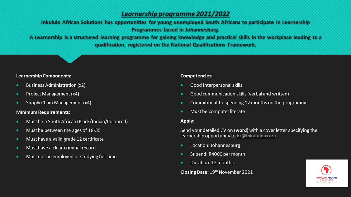 Nkululolawu's tweet photo. Learnership opportunities, please share... CV's to hr@inkululo.co.za https://t.co/o64ntgKCAJ